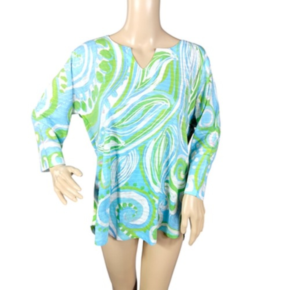 Atelier5 by Gozde Yilmaz Top Women's Large Blue Green Tunic Long Sleeve Made USA